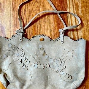 Serpui Marie suede bag - cream color leopard interior zipper pocket